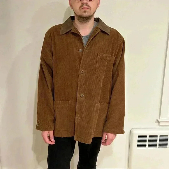 Vintage EDDIE BAUER cotton corduroy barn chore jacket leather collar sz L/ xL - Picture 1 of 11